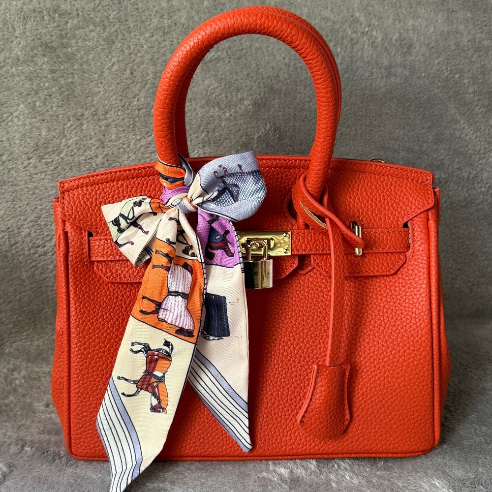 🧡 Trendy Orange Top-Handle Satchel – Twilly Scarf Accent ✨